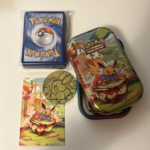Pokemon Prismatic Evolution Tin Jolteon Design with 50 card bundle